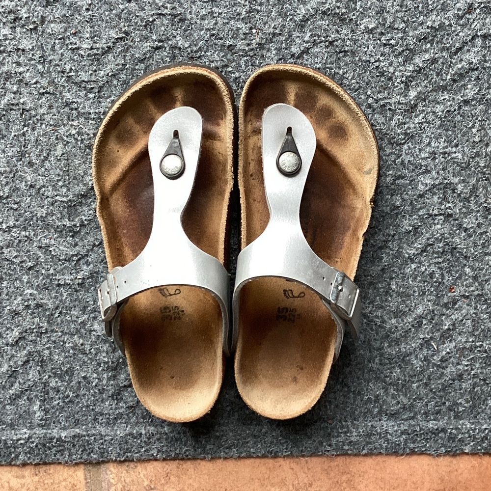 Birkenstock Silver Sandals with Brown Footbed
